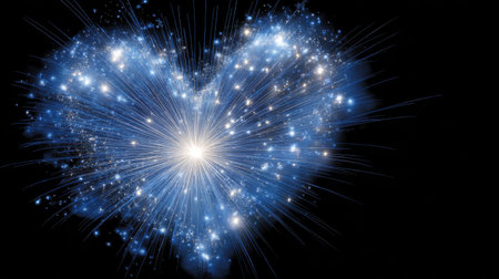 Captivating blue heart shape created with sparkles and radiant light on a deep black background, perfect for creative and romantic themes.の素材