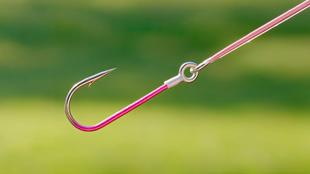 A detailed close-up image of a metal fishing hook attached to a fishing line, set against a soft green background, showcasing the beauty of fishing gear.の素材
