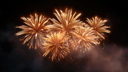 A stunning display of fireworks lights up the night sky. With bursts of golden sparks and colorful trails, this image captures the essence of celebration and joy.の素材
