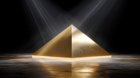 A stunning golden pyramid stands illuminated against a dark backdrop, showcasing its sleek design and reflective properties, creating an elegant atmosphere.の素材