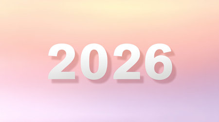 A serene and soft gradient background featuring the year 2026 in bold white typography. Perfect for modern digital designs, announcements, and creative projects.の素材
