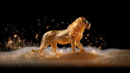 A stunning golden lion walks gracefully on a bed of sparkling sand, emanating a magical glow against a dark background, showcasing elegance and strength.の素材