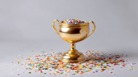 A striking golden trophy filled with colorful confetti sits amidst a scattered backdrop of tiny decorations, symbolizing celebration and achievement.の素材