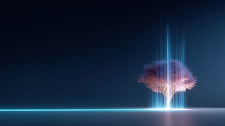 A stunning ethereal tree stands prominently against a minimalist dark background, illuminated by radiant light rays, symbolizing nature's beauty and tranquility.の素材