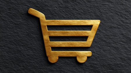 This elegant golden shopping cart icon stands out against a black slate background, ideal for e-commerce marketing and retail design concepts.の素材