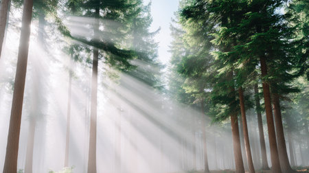 A tranquil forest scene featuring tall trees surrounded by mist, with sunlight streaming through the branches. The ethereal atmosphere evokes peace and connection to nature.の素材