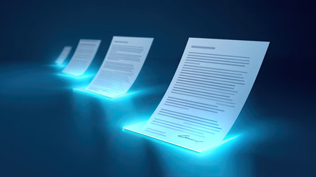 This image showcases futuristic glowing documents in a serene dark setting, representing the evolution of communication and digital technology.の素材