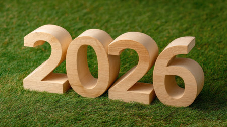 Wooden numeral figures showcasing the year 2026 set against a vibrant green grass background. This image captures a fresh and modern look perfect for seasonal promotions, event planning, or New Year's celebrations.の素材