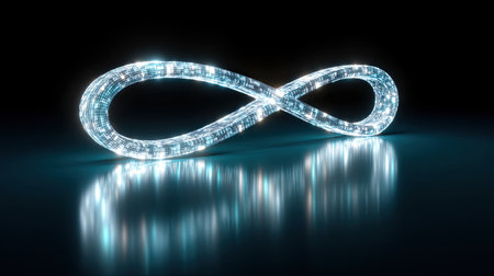 This stunning image features an illuminated infinity symbol reflecting on a dark background, embodying the concepts of eternity and endless possibilities.の素材