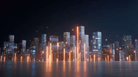 A stunning futuristic city skyline featuring bright lights and reflections, showcasing modern buildings in an urban setting at nighttime.の素材