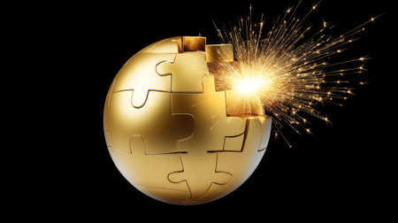 A striking image of a golden puzzle sphere breaking open, releasing a dazzling spark of light, symbolizing creativity, innovation, and problem-solving.の素材