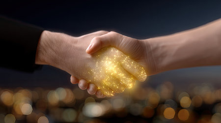 This image captures a luminous handshake symbolizing partnership and collaboration. The sparkling effect against a nighttime cityscape represents trust and unity, perfect for business themes.の素材