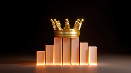 A visually striking image featuring a golden crown atop glowing graph bars, symbolizing success, achievement, and growth in business analytics.の素材