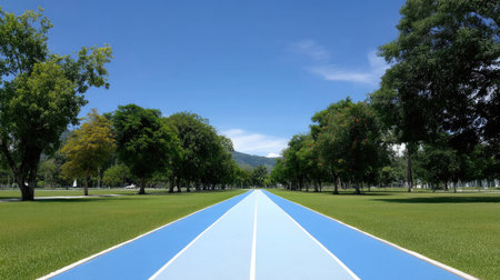 A vibrant outdoor scene featuring a blue running track that stretches through a green park, framed by tall trees and a clear sky, inviting fitness and relaxation.の素材