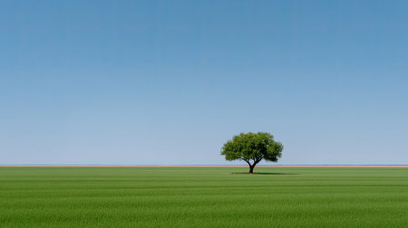 A stunning image of a solitary green tree standing gracefully in a lush green field under a clear blue sky, evoking a sense of tranquility and solitude.の素材