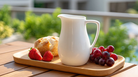 Enjoy a delightful morning scene featuring a white pitcher, fresh strawberries, grapes, and a scone on a wooden table outdoors, illuminated by sunlight.の素材