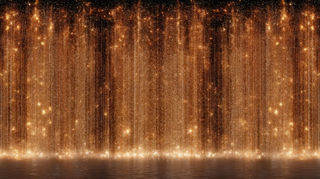This stunning image showcases a captivating golden waterfall enhanced by sparkling lights and shimmering particles, creating a serene atmosphere.の素材