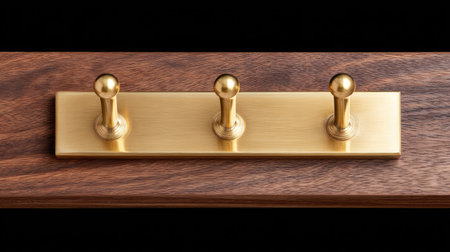 This image features elegant brass coat hooks mounted on a wooden base, perfect for enhancing home organization and adding modern charm to any space.の素材