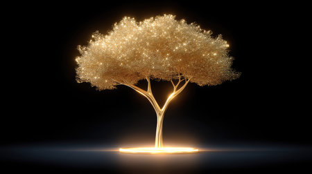 This stunning image features a majestic golden tree radiating magical light against a dark background, symbolizing serenity and beauty in nature.の素材