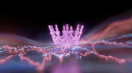 A mesmerizing pink crown stands prominently amidst colorful waves of light and energy, creating a dreamlike ambiance. This digital artwork evokes elegance and beauty.の素材
