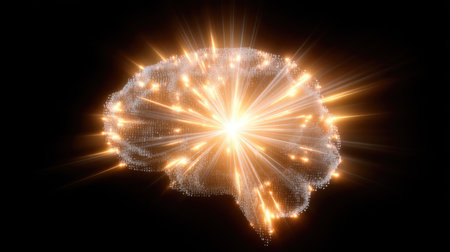 This captivating digital artwork portrays a glowing brain filled with radiant lights, symbolizing creativity, power, and intelligence.の素材