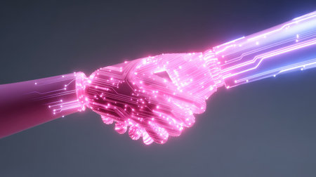 This image captures a vibrant digital handshake symbolizing the collaboration between humans and technology, showcasing a fusion of innovation and progress.の素材