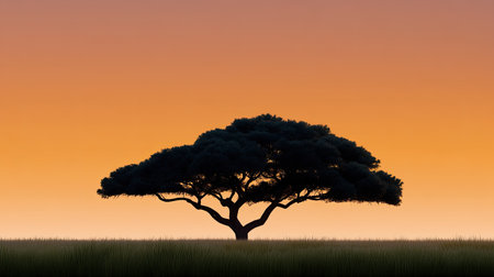 A stunning silhouette of a majestic tree stands boldly against a vibrant sunset, exhibiting a mesmerizing gradient of orange and purple hues. The scene captures the tranquil beauty of nature at dusk, with the solitary tree symbolizing peace and serenity in an expansive landscape.の素材