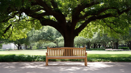 A serene park setting featuring a wooden bench positioned under a large leafy tree. Perfect for relaxation and enjoying natureの素材