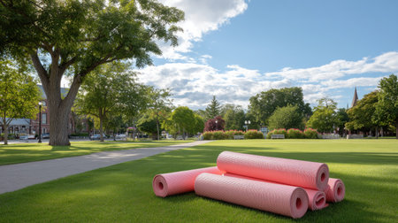 A serene park scene showcasing stacks of bright pink yoga mats resting on lush green grass. The vibrant color contrasts beautifully with the clear blue sky and fluffy white clouds, creating an inviting atmosphere for outdoor exercise and wellness activities.の素材