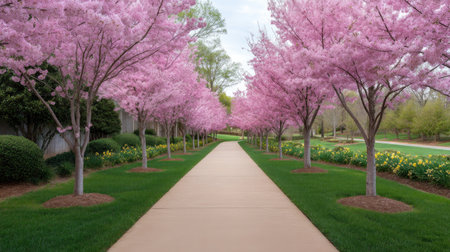 A picturesque walkway surrounded by vibrant pink cherry blossom trees in full bloom, inviting serenity and beauty during the spring season.の素材