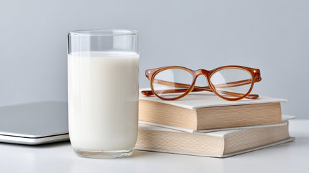 A serene still life setup showcasing a glass of milk next to reading glasses and neatly stacked books, with a sleek laptop, perfect for study or relaxation.の素材