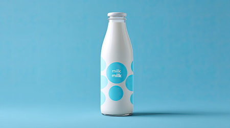 A stylish glass milk bottle stands against a soft blue background, showcasing a modern polka dot design, perfect for enhancing kitchen aesthetics or cafの素材
