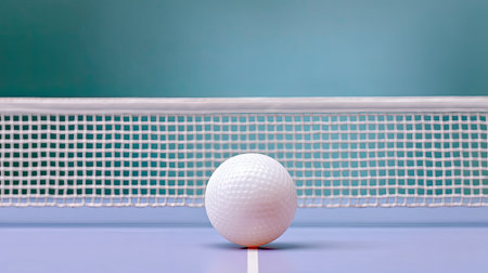 A close-up view of a white ball positioned on a table with a net, symbolizing the anticipation of an exciting table tennis match in a competitive setting.の素材