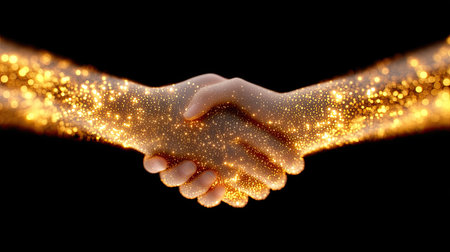 A captivating image of two hands engaged in a handshake, adorned with shimmering gold sparkles, symbolizing unity and partnership against a dark backdrop.の素材