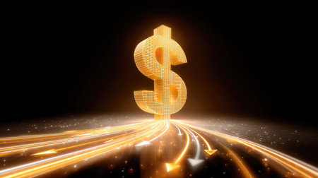 Stunning golden dollar symbol illuminated by shining lights and dynamic arrows, depicting finance and wealth in a modern, abstract design.の素材