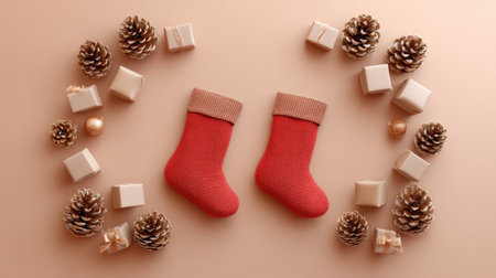 A charming arrangement featuring warm red Christmas stockings framed by natural pinecones and elegant gift boxes on a soft beige background, perfect for holiday spirit.の素材