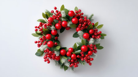 This beautiful holiday wreath features vibrant red ornaments and lush greenery, perfect for seasonal decoration and bringing festive cheer to any setting.の素材