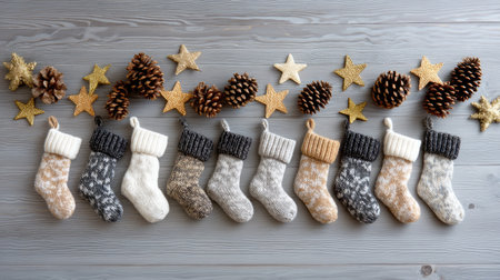 A charming display of cozy Christmas stockings arranged with pine cones and gold stars on a rustic wooden surface, perfect for holiday decor inspiration.の素材