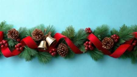 This vibrant festive decoration features pine cones, red ribbons, holly berries, and golden bells, creating a cheerful holiday atmosphere on a blue background.の素材
