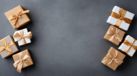 An elegant arrangement of gift boxes with soft ribbons on a dark background, perfect for celebrating special moments, holidays, and thoughtful surprises.の素材