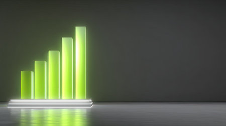 This image showcases a modern representation of growth through green bars symbolizing financial success, progress, and upward trends in business.の素材