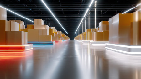 A modern warehouse interior featuring neatly arranged shipping boxes along illuminated aisles. The reflective floor enhances the futuristic atmosphere, emphasizing logistics and storage efficiency.の素材