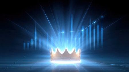 This striking image features a glowing crown symbolizing success and power, illuminated against a backdrop of a rising graph, representing wealth growth.の素材