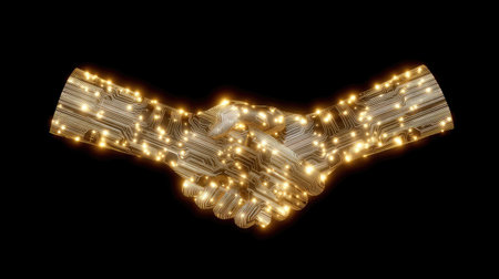 This striking image features a handshake made of intricate circuit patterns and bright lights, symbolizing innovation and partnership in technology.の素材