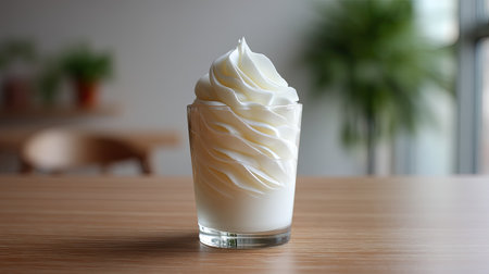 A visually stunning soft serve ice cream presented in a glass cup, showcasing creamy swirls and inviting texture. The modern setting enhances its appeal.の素材