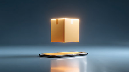 A glowing brown box hovers seamlessly above a sleek smartphone, symbolizing modern technology, innovation, and the concept of digital delivery in e-commerce.の素材