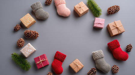 A charming arrangement of festive stockings in various colors, surrounded by pine cones and beautifully wrapped gift boxes, perfect for holiday decor.の素材