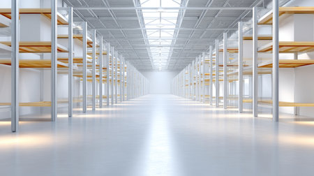 A bright and spacious modern warehouse interior showcasing empty shelving units, metal beams, and clean lines, ideal for storage or logistics projects.の素材