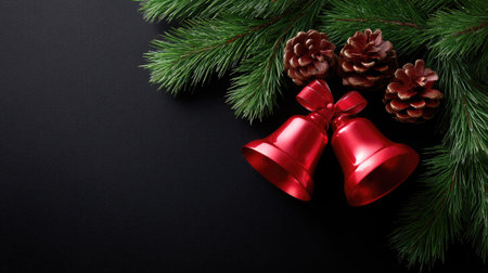 Elegant arrangement featuring red bells and pine cones amongst lush evergreen branches set against a dark background, perfect for holiday themes.の素材