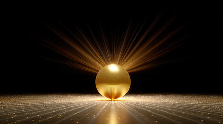 A stunning golden sphere radiates brilliant light against a dark background, creating an enchanting display of sparkling rays. Perfect for themes of luxury and energy.の素材
